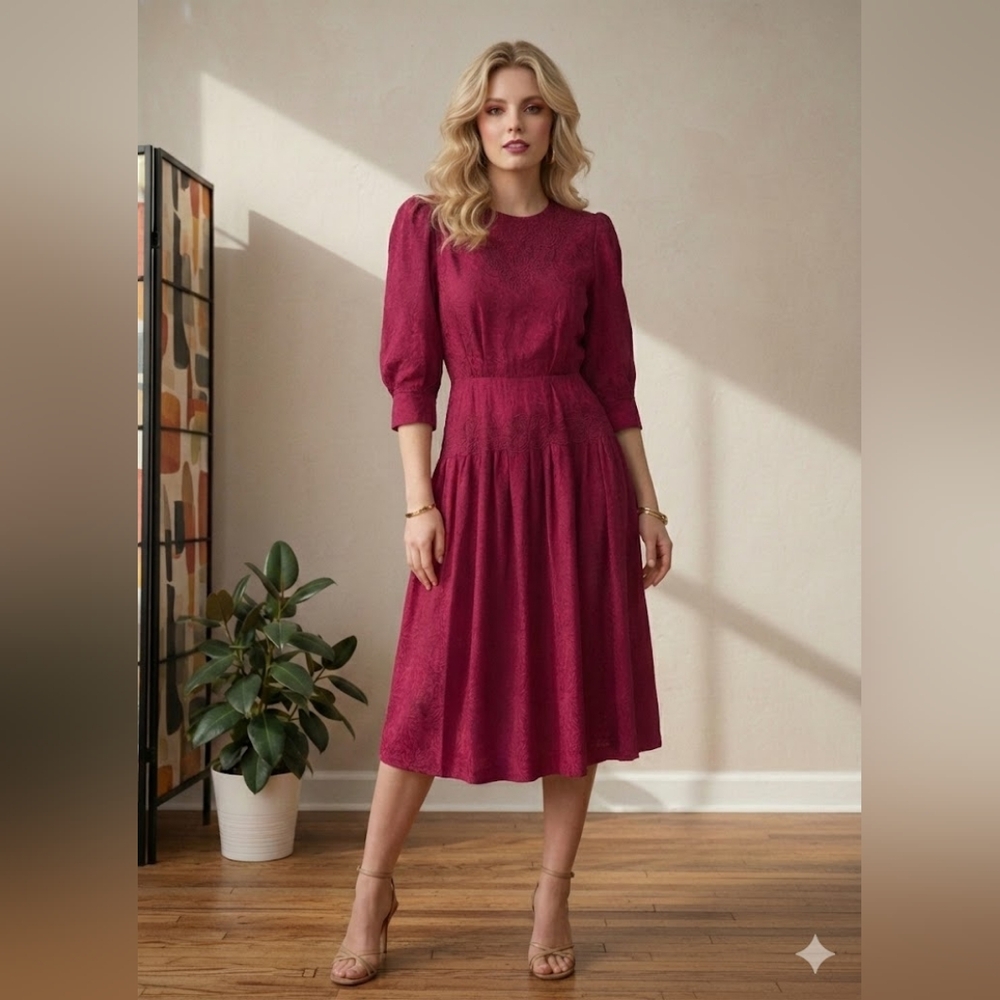 Vintage 80s Nancy Johnson Red Silk Puff Sleeve Formal Cocktail Midi Dress Size 6